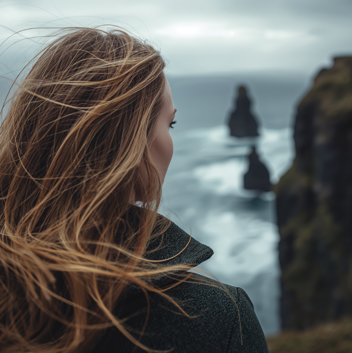 Lauren Paris overlooking the ocean and coastal cliffs