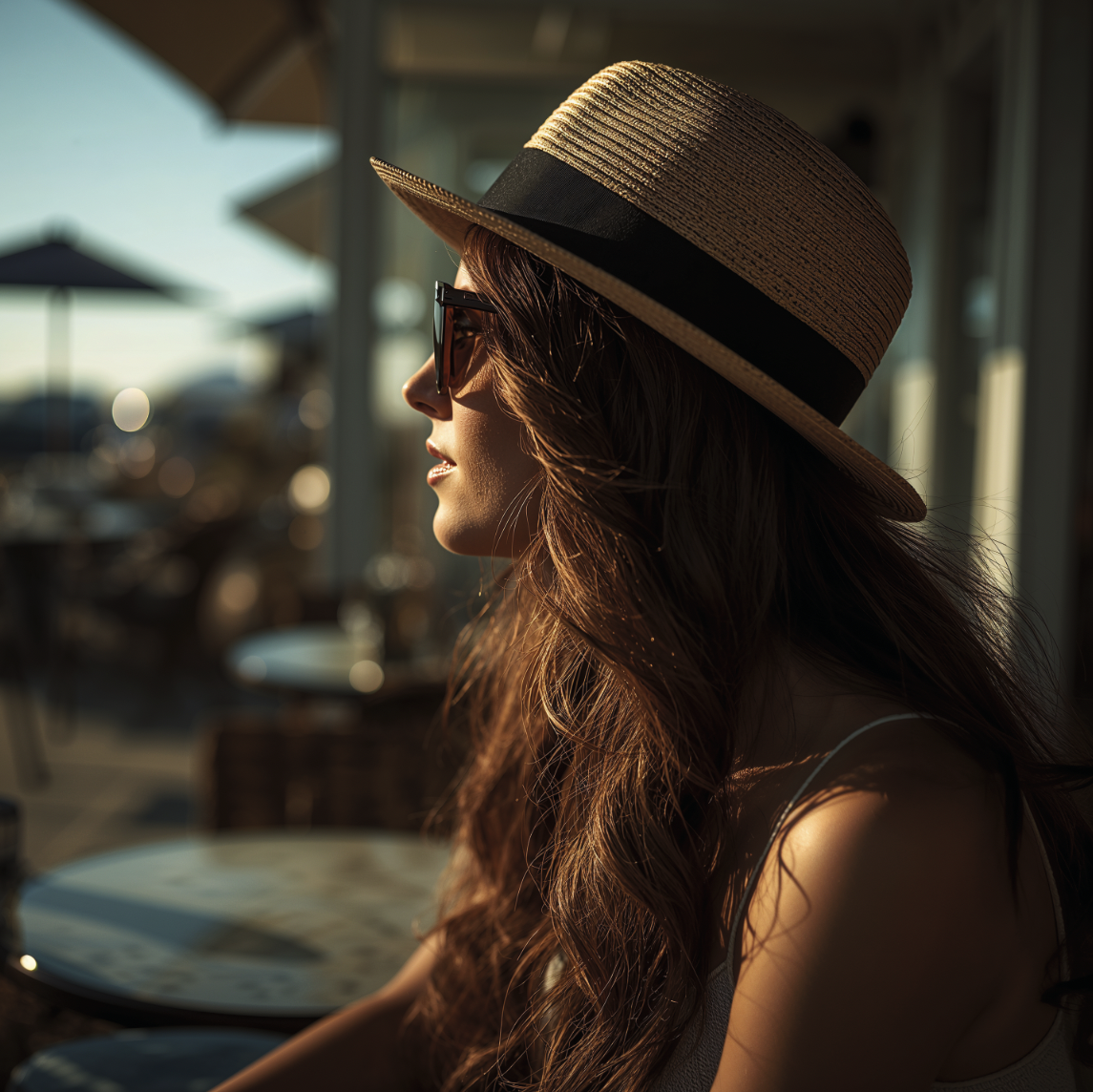 Tish Lane wearing a straw hat and sunglasses in warm afternoon light